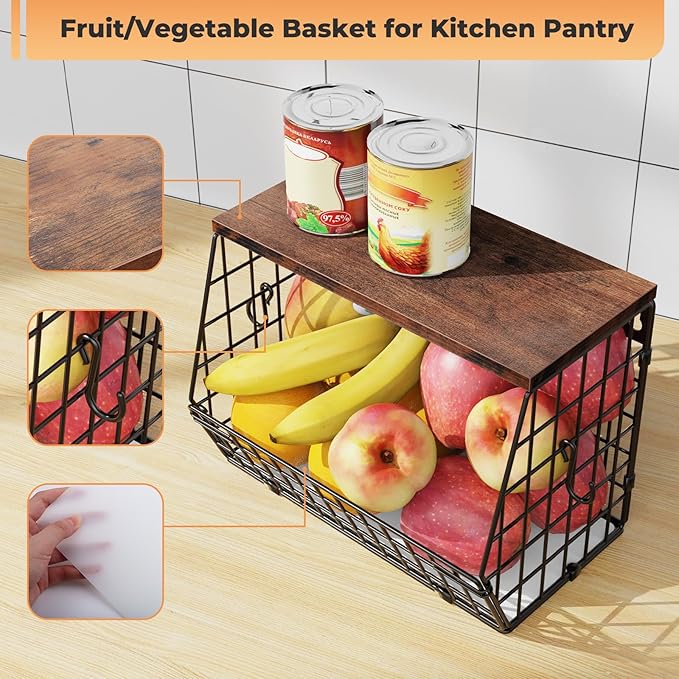Wawocs Fruit Basket for Kitchen Counter, Fruit Bowl Stackable Wall Mounted Hanging Fruit Basket Wire Basket with Wood Lid wit