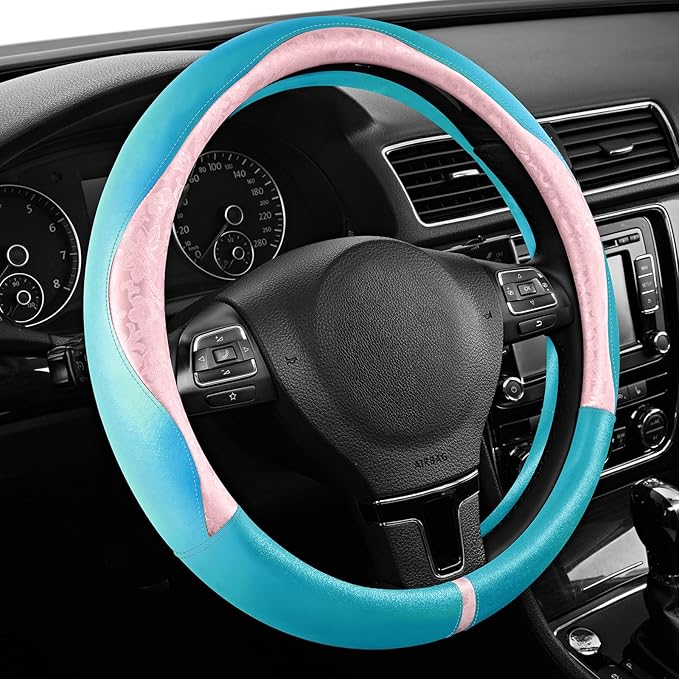 PIC AUTO Steering Wheel Cover, Pink Patterned & Blue Leather Patchwork Design, Universal Fit 14.5"–15.5", Anti-Slip, Odor-Fre