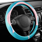 PIC AUTO Steering Wheel Cover, Pink Patterned & Blue Leather Patchwork Design, Universal Fit 14.5"–15.5", Anti-Slip, Odor-Fre