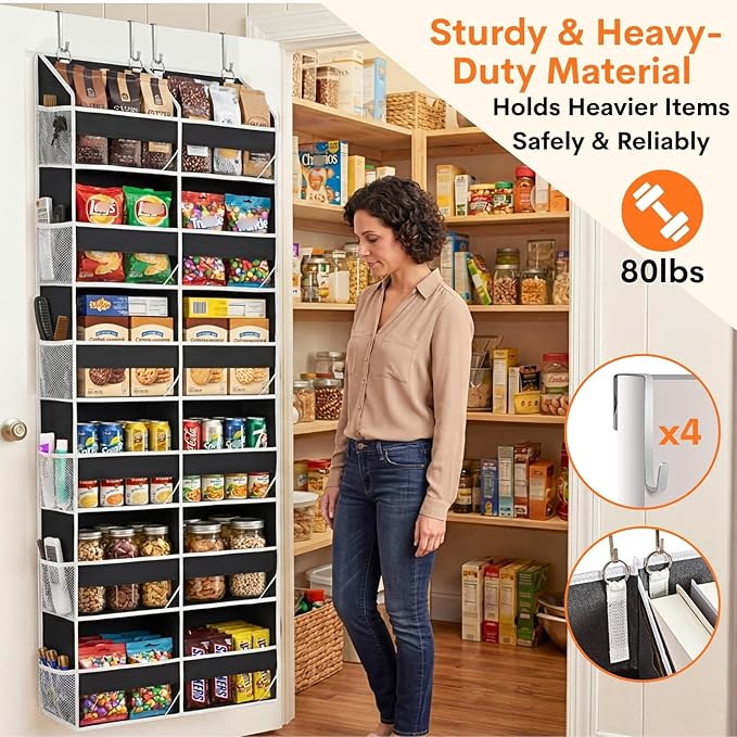 Over The Door Organizer 6 Tiers, Extra Large Behind Door Storage of 12 Compartments, 80 lbs Weight Capacity Hanging Storage O