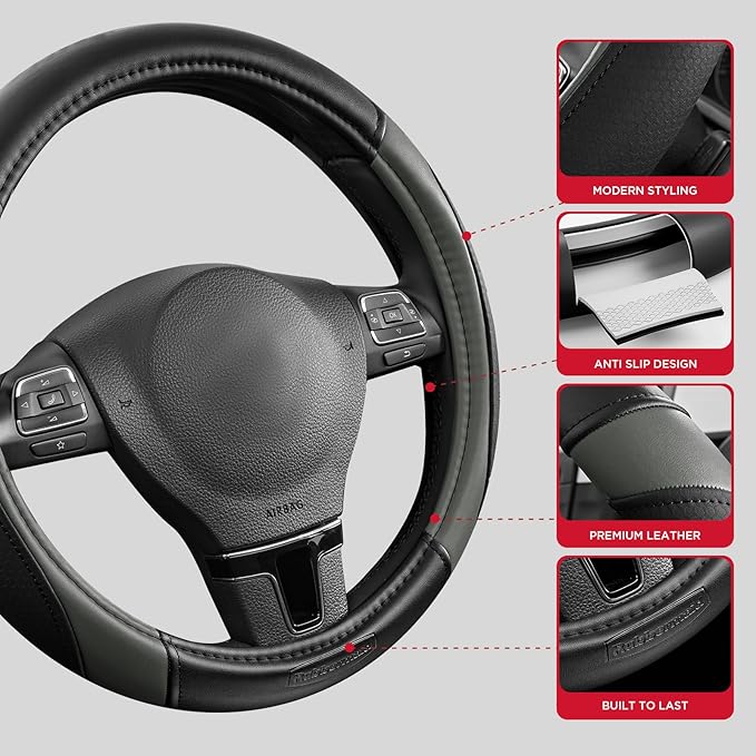 Rubbermaid Steering Wheel Cover – Universal Fit 14.5"–15" Steering Wheel Cover, Anti-Slip Grip, Breathable Leather, All-Seaso