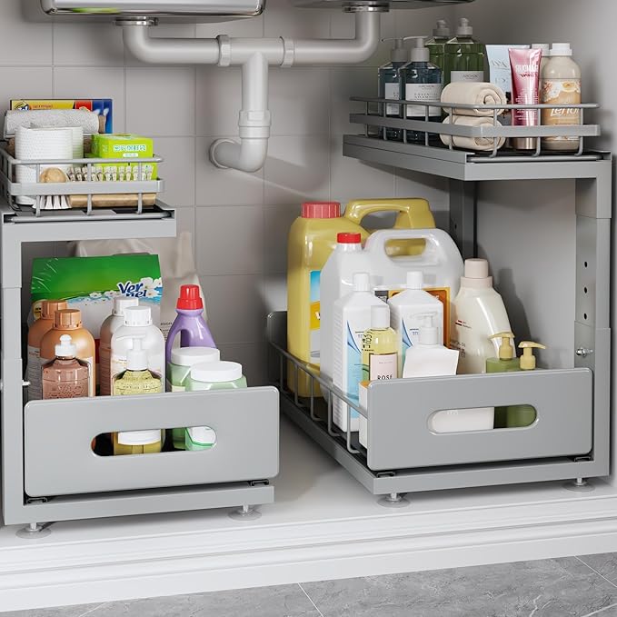 Under Sink Organizer Upgrade To Professional Rails,2-Tier Dual Pull Out Cabinet Storage,Height Adjustable Slide Out Drawers F