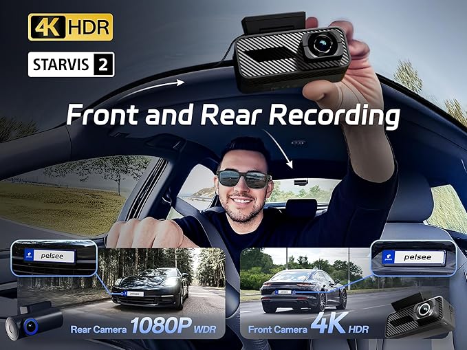 Pelsee P1 Pro 4K Dash Cam Front and Rear, STARVIS 2 Sensor, 64GB Card, Dual Dash Camera for Cars with Full-Color Night Vision