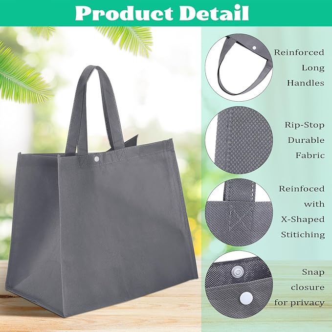 Zhehao 60 Pcs Reusable Grocery Shopping Bags Large Foldable Gift Tote Non Woven Fabric Bags with Handle and Plastic Button for Birthdays, Bridesmaids, Party Favors, 15 x 9.5 x 13 Inch (Neutral Colors)