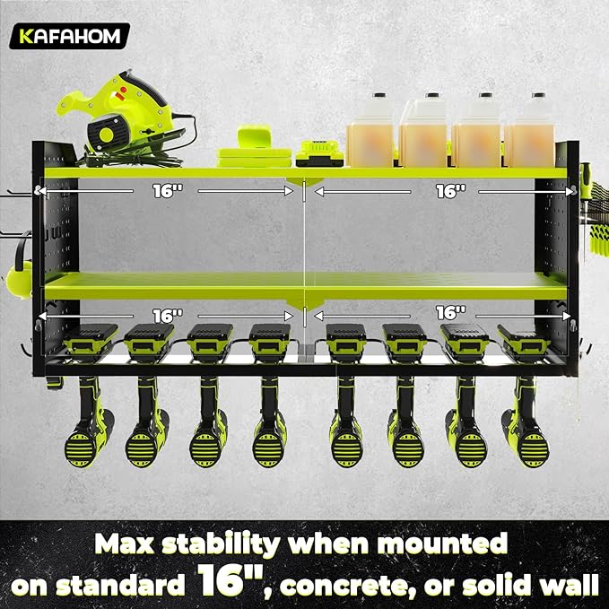 KAFAHOM Power Tool Organizer, Large 8 Drill Holder Wall Mount with 2 Side Pegboards, Heavy Duty Metal Tool Shelf with 12 Hook