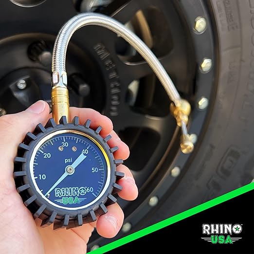 Rhino USA Rapid Tire Deflators with Gauge (0-60psi) Automatic & Adjustable Tire Air Down Tool - Large 2" Easy Read Glow Dial & Solid Brass Hardware - Best Offroad Deflator for Jeep, Truck or ATV