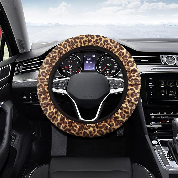 10 Pieces Leopard Print Printing Car Steering Wheel Cover Center Console Armrest Pad Headrest Seat Belt Cover Handbrake Cover Keychain Coaster Full Set Car SUV(Brown)