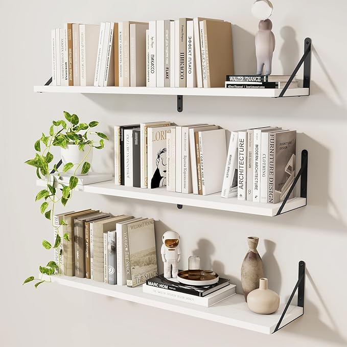 Wall Shelf, Floating Book Shelves with Brackets, 36 inch White Shelves Set of 3, Particle Board Wooden Shelf for Kitchen, Bat