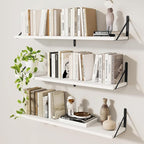 Wall Shelf, Floating Book Shelves with Brackets, 36 inch White Shelves Set of 3, Particle Board Wooden Shelf for Kitchen, Bat