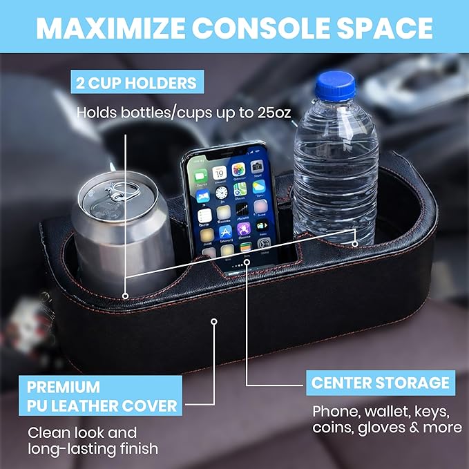 Car Cup Holder, Auto Front Seat Cup Holder, PU Leather Cover Cup Drink Holder, Car Seat Gap Filler Organizer, Side Cup Holder for Car Coin Bucket, Cell Mobile Phone Holder, Black