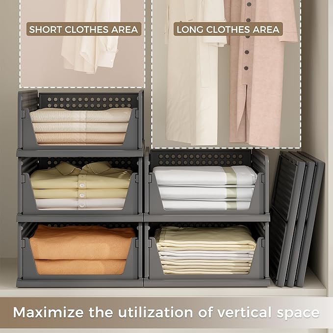 Pinkpum 8 Pack Closet Organizers and Storage Plastic Stackable Storage Bins, Foldable Drawer Shelf Storage Container for Ward