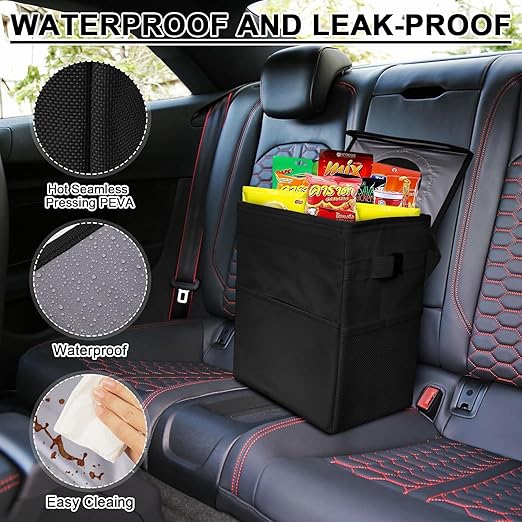 Car Trash Can Bin with Lid - Collapsible Car Garbage Can with Storage Pockets-Black Mini Leakproof Vehicle Trash Bag-Small Automotive Organizers and Storage for Back/Front Seat SUV Truck Accessories