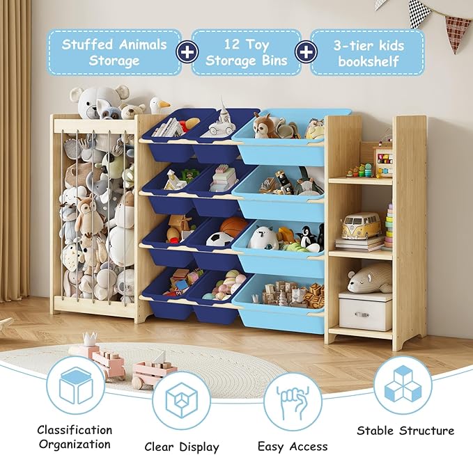 EXPERLAM 3-in-1 Toy Storage Organizer, Stuffed Animal Holder & 3-Tier Bookcase, Solid Wood Toy Organizer with 12 Storage Bins
