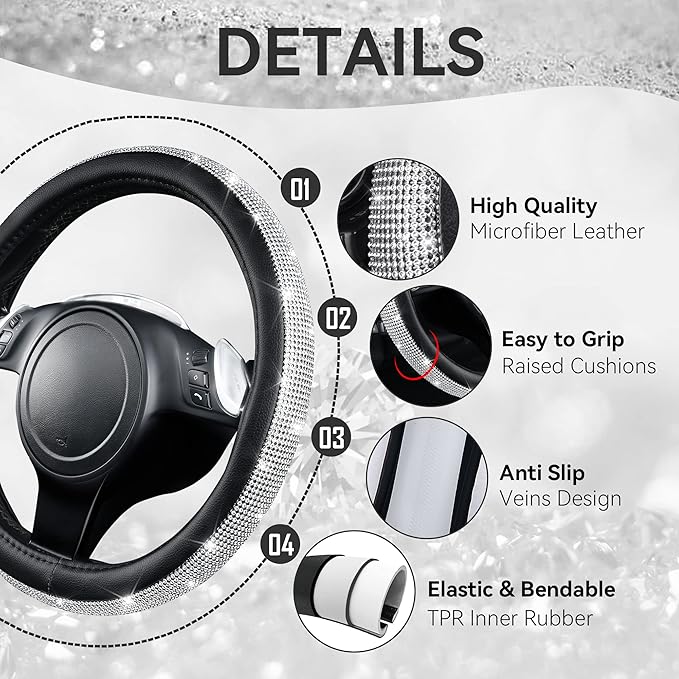 CAR PASS 23 PCS Bling Diamond Car Accessories Set for Women, Leather Seat Covers Full Set Sparkly Rhinestone15'' Steering Wheel Covers Shining Car Floor Mats Cute Aotumotive Interior Sets, Silver