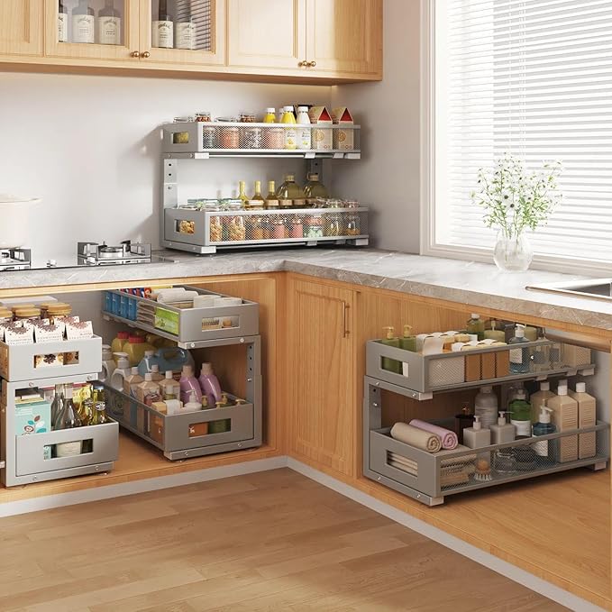 2 Packs 21IN Depth Under Sink Organizer, 2-Tier Pull Out Cabinet Organizer With Smooth Circular Rail, Large Capacity Metal Me