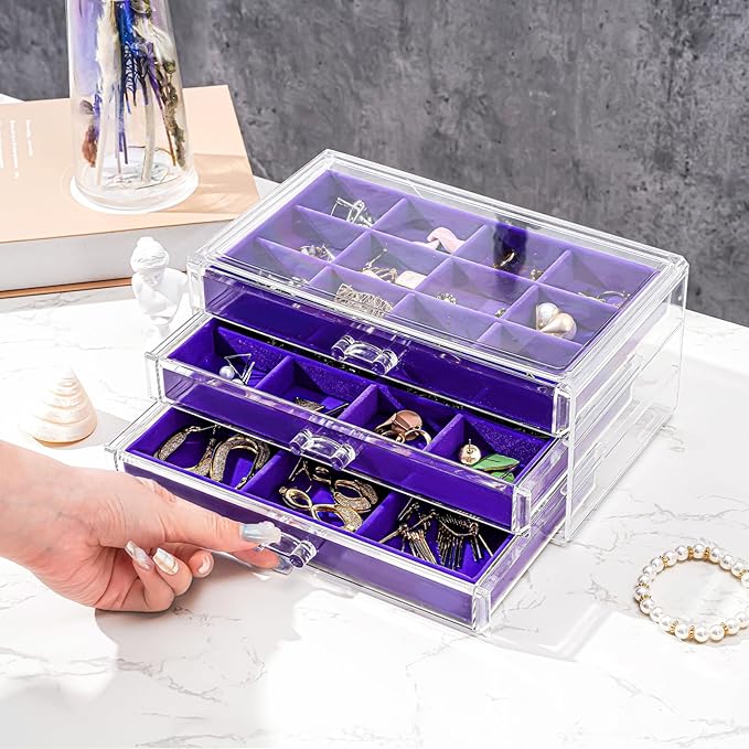 ProCase Earring Holder Organizer Jewelry Box with 3 Drawers, Acrylic Clear Earring Case with Adjustable Velvet Trays for Wome