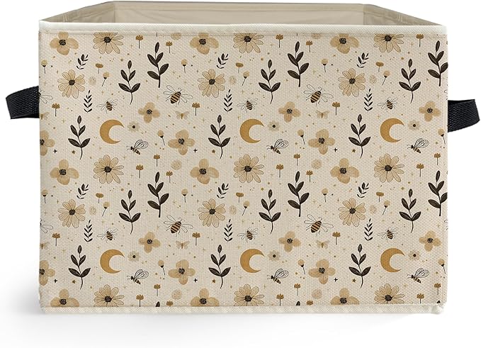 Boho Witchy Moon Floral Storage Box Bins, Beige Rustic Flower Botanical Collapsible Storage Basket Organizer for Bedroom Laun
