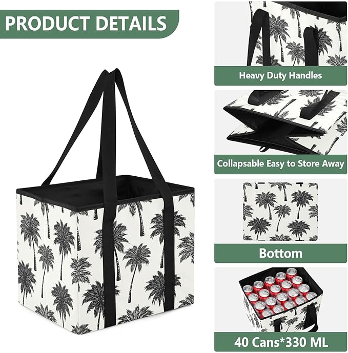 Summer Palm Trees Reusable Grocery Bags Large Shopping Tote Bag with Reinforced Bottom Board, Water Resistant Foldable Storag