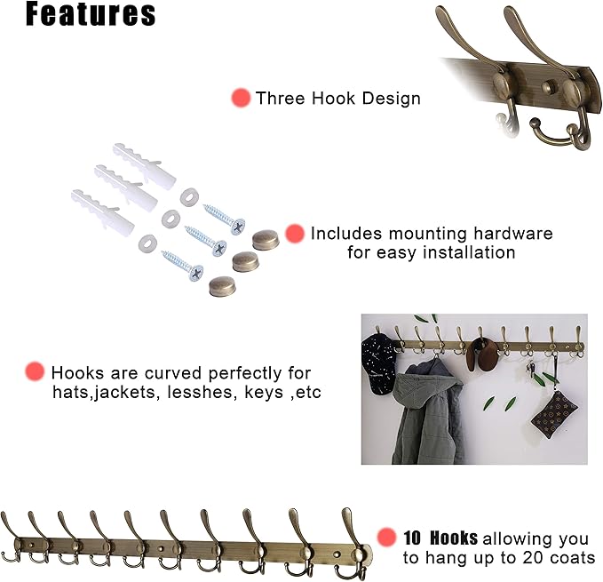 Dseap Coat Rack Wall Mount - 38” Long 10-Tri-Hooks Heavy Duty Coat Hanger Rail Wall Hooks for Hanging Coats Hats Clothing Clo