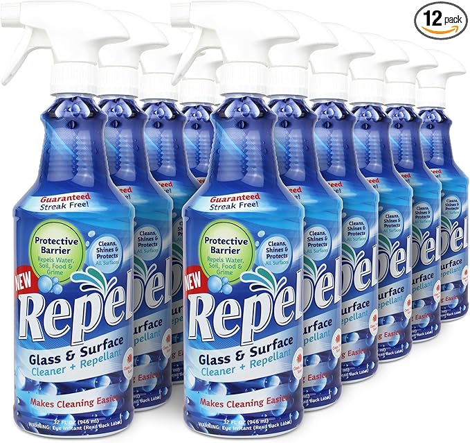 Clean-X New REPEL Glass and Surface Cleaner with Barrier Technology- 32 fl. oz. – 12 Pack Cleans and repels water and soil- P