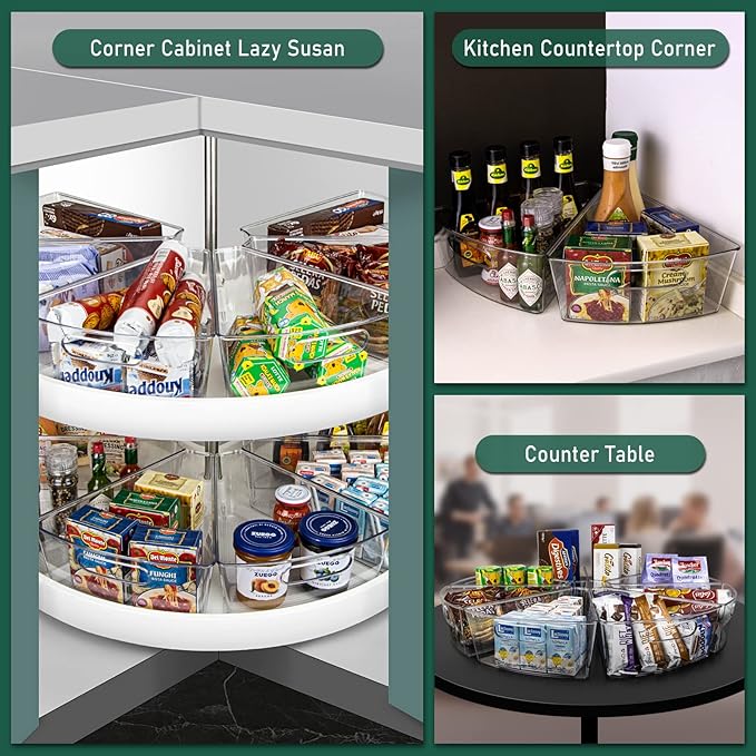Lazy Susan Cabinet Organizer Bins for 26"/ 28"/ 32" Diameter Corner Organizer, Plastic Cabinet Storage Bin, 1/8 Wedge - Food 