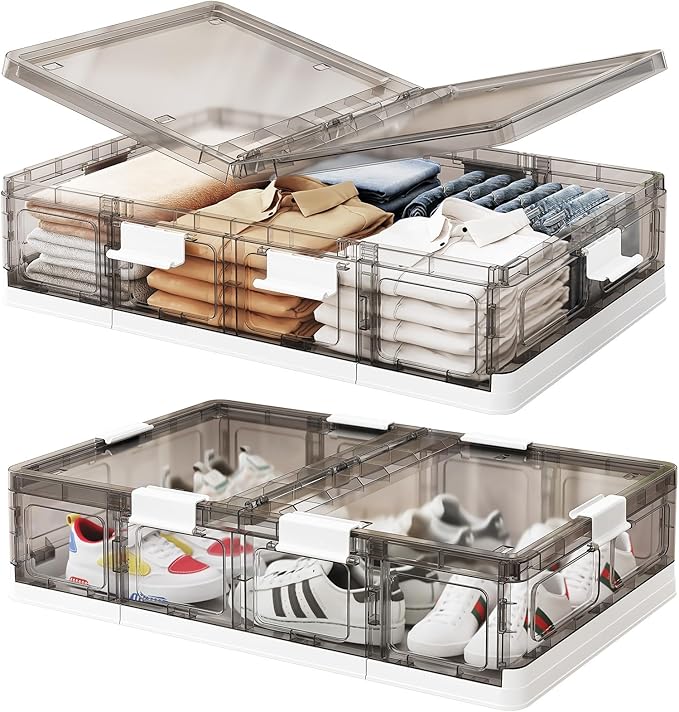 Kitstorack 2 Pack Plastic Under Bed Storage Bins with Lids and 8 Pre-installed Wheels,Rolling Low Rrofile Under bed Container