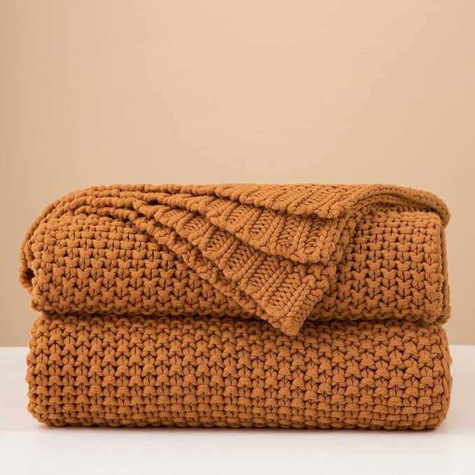 Chunky Cable Knit Throw Blanket Lightweight Burnt Orange 100% Organic Cotton Blanket for Sofa Couch Bed Baby Nursery, Rustic 