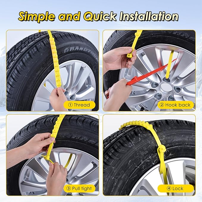 12 Pcs Snow Tire Chains - Portable Plastic Non-Slip Anti-Skid Traction Cables for Winter Driving/Fits Most Cars, SUV & Trucks