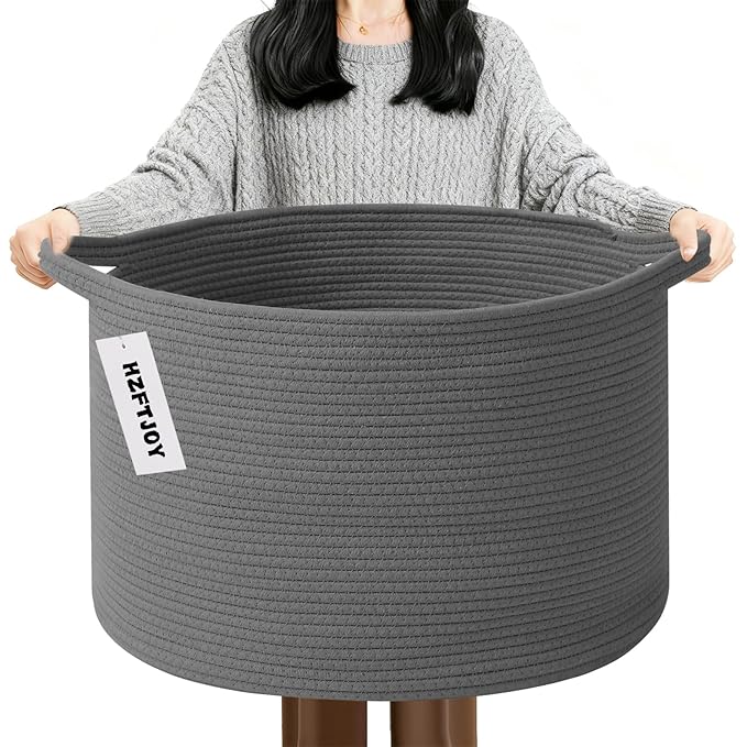 65L Large Blanket Basket, 19.7" L x 19.7" W x 13" H Cotton Rope Woven Storage Basket,Laundry Hamper for Toys, Clothes, Pillow