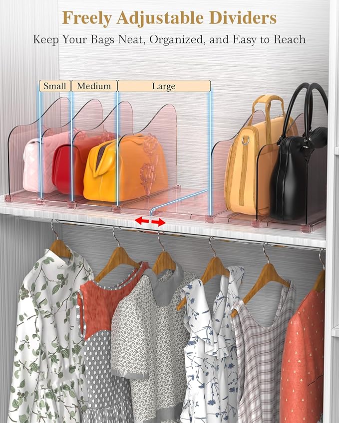 SURETIVIAN Rose Purse Dividers for Closet, 2 Pack Clear Clutch Purse Closet Organizers, Adjustable Handbag Storage Organizers