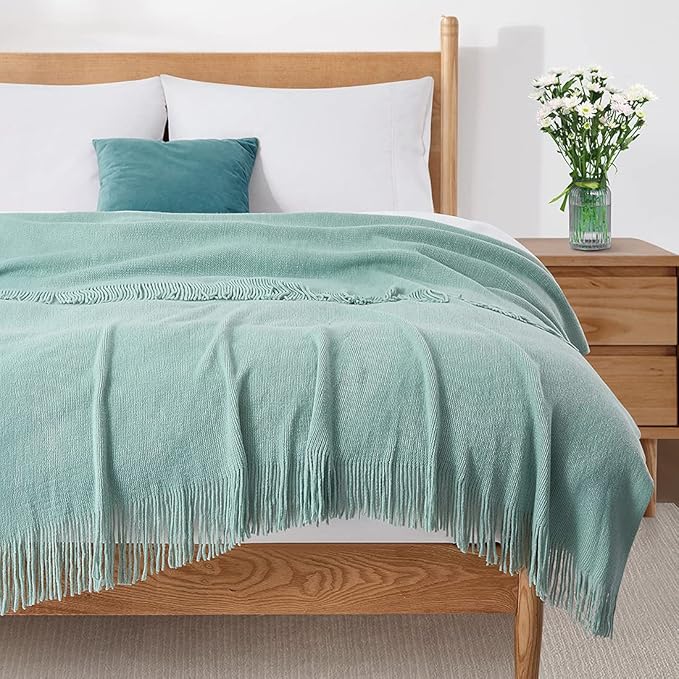 Homiest Decorative Knitted Throw Blanket with Fringe Soft & Cozy Tassel Blanket for Couch Sofa Bed (Light Green, 50x60)