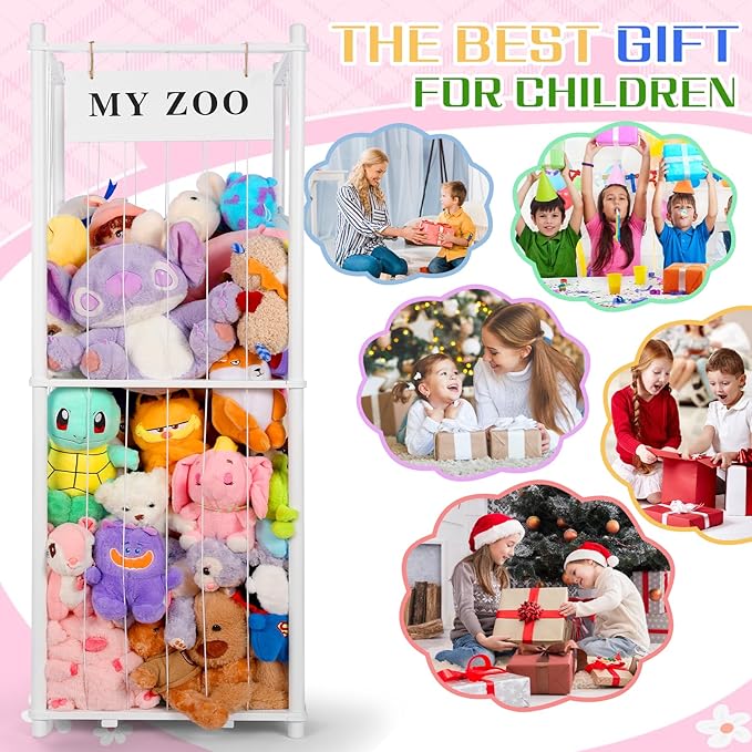 GLDZI Stuffed Animal Storage Zoo, Wooden Stuffed Animal Organizer with Elastic Cords for Boys Girls, Space Saving Toy Plushie