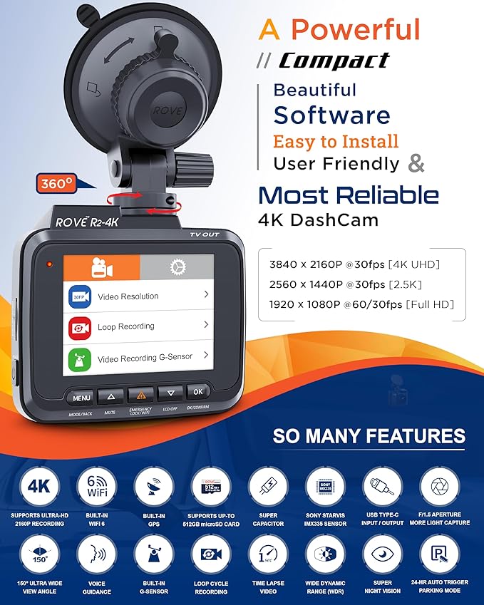 ROVE R2-4K Dash Cam Built-in WiFi 6 GPS Car Dashboard Camera Recorder with UHD 2160P, 2.4" IPS Screen, 150° Wide Angle, WDR, 