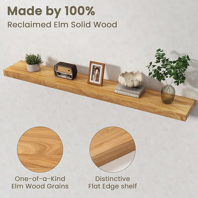 Fun Memories Solid Elm Wood Floating Shelves Set of 1-55 Inch Rustic Wall Shelves with Heavy-Duty Invisible Brackets - for Li