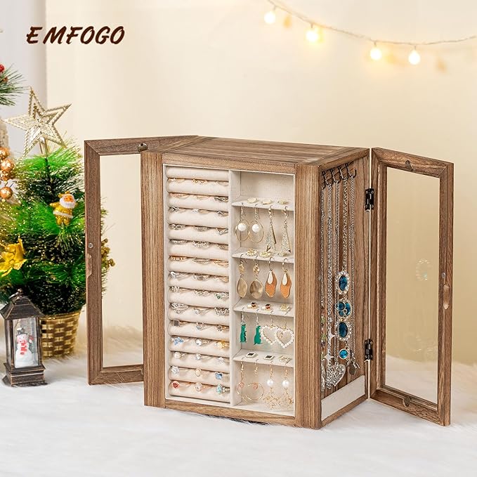 Emfogo 360° Rotating Jewelry Box for Women, Rustic Wooden Jewelry Organizer Box with 5 Drawers, Glass Doors, Vertical Open De
