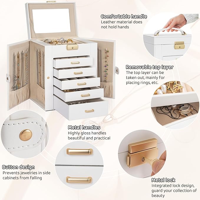 AKOZLIN 6-Tier Jewelry Box Lockable Leather Jewelry Storage Case with 5 Drawers for Women Girls Ring Necklace Earring Bracele