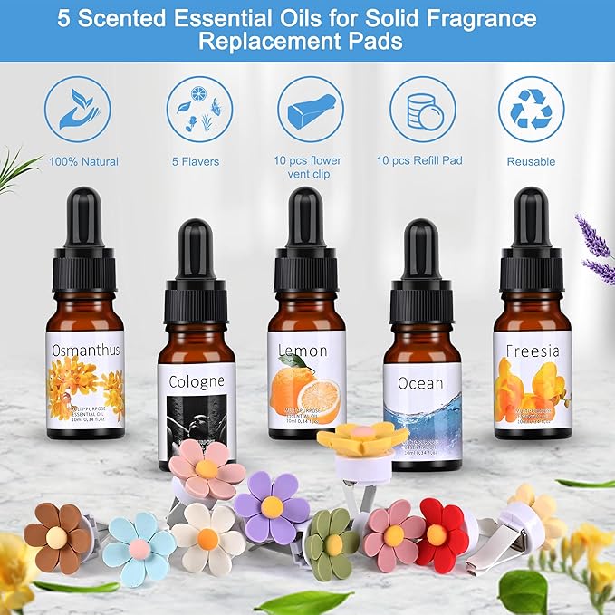 25 Pack Car Air Fresheners, 10 PCS Flower Car Air Vent Clip with 5 Essential Oil Scents & 10 Refill Pads