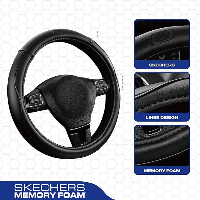 Skechers Memory Foam Steering Wheel Cover,Piping Microfiber Leather Steering Wheel Cover Sporty Universal Fit 14" 1/2-15" Car
