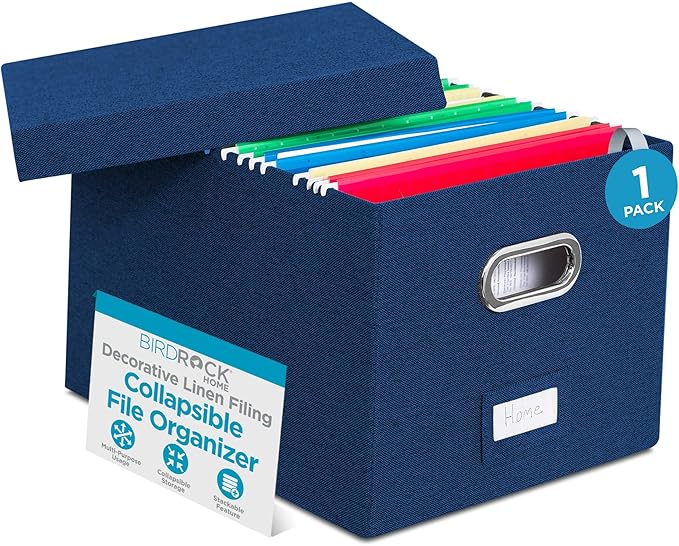 Internet's Best Collapsible File Storage Organizer - Decorative Linen Filing & Storage Office Box - Letter/Legal - Navy - 1 P