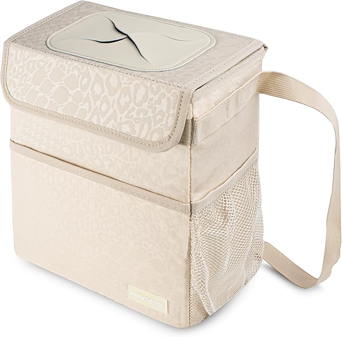 Car Trash Can - Cute Multifunctional Interior Car Accessory for Women, Organizer and Storage with Adjustable Straps, 2 Gallons (Leopard Print Beige)