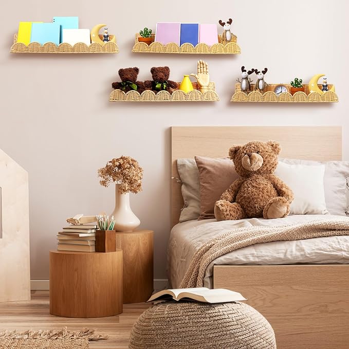 Pinkunn 4 Pcs Nursery Book Shelves 23.6 Inch Rattan Scalloped Floating Bookshelves Wicker Boho Book Shelf for Wall Mounted De