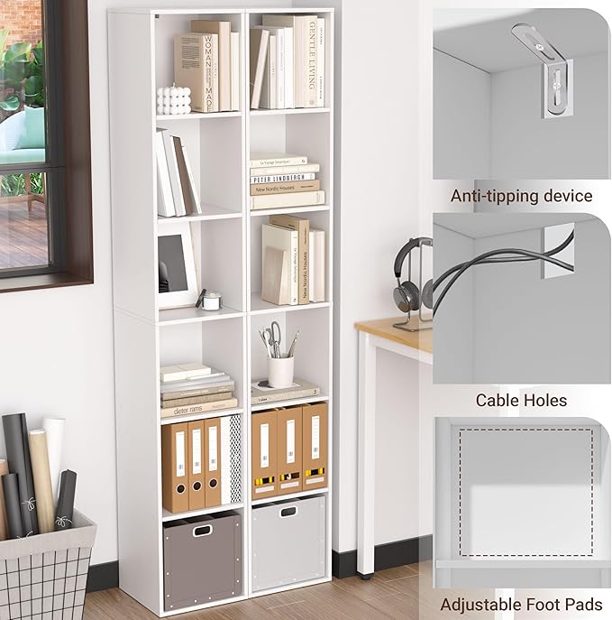 White Cube Shelf, 6 Cube Storage Organizer, 6-Tier Cube Storage Shelf, Freestanding Low Bookcase for Living Room Decor, Bedro