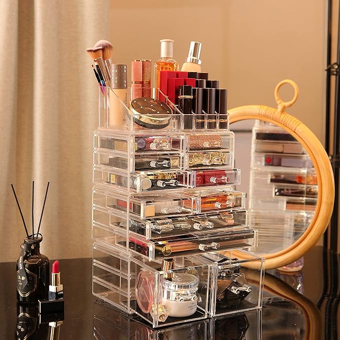 Cq acrylic 4 Pack Clear Makeup Organizer Countertop,Stackable 12 Drawers Skincare Organizer,Cute Skin Care Organizer for Vani