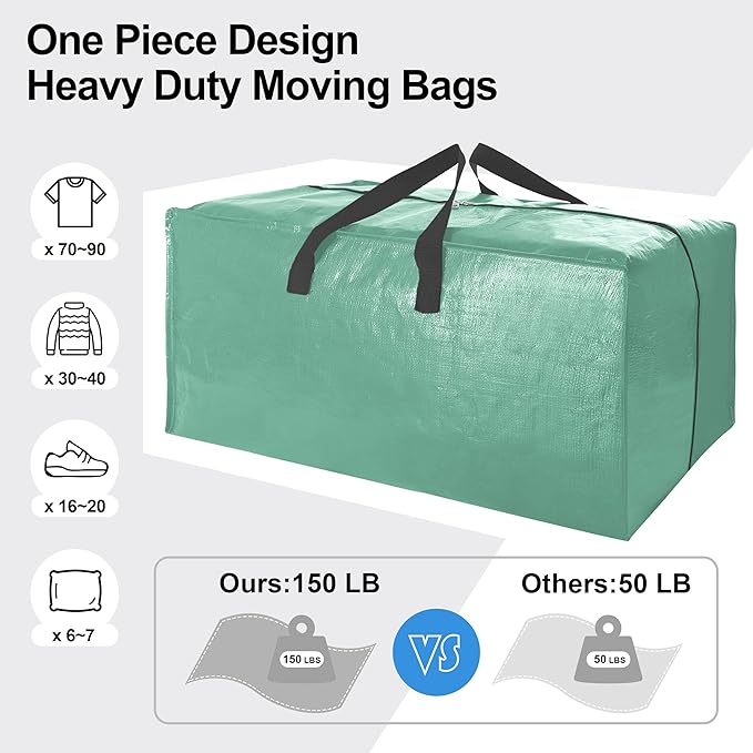 6 Pack Heavy Duty Extra Large Moving Bags W/Backpack Straps - Strong Handles & Zippers, Storage Totes For Space Saving, Fold 
