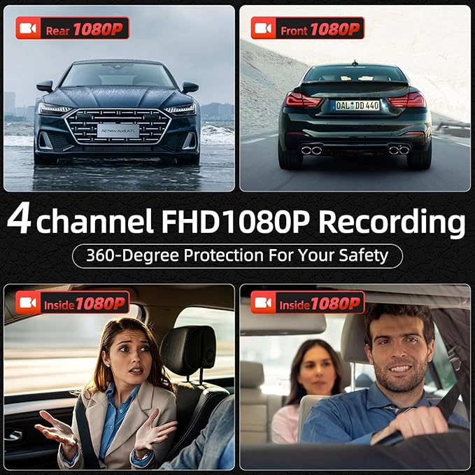 Mirror Dash Cam, 4 Channel Dash Cam Front and Rear/Inside, Touch Screen 12’’ FHD 1080Px4 Rear View Mirror Camera, 8 IR Night 