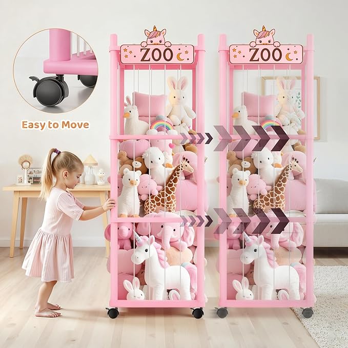 Stuffed Animal Storage Zoo Tower,56In Wooden Large Stuffed Animal Holder Organizer with Wheels,Stuffy Plushies Storage with E