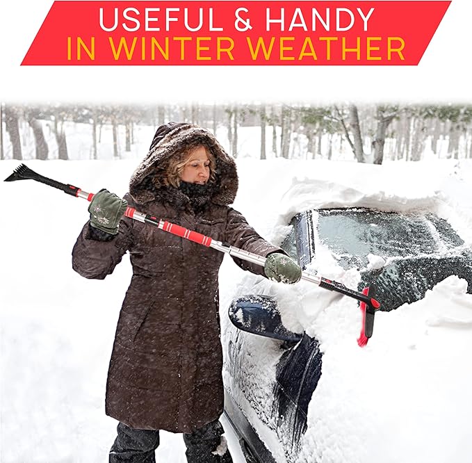 VaygWay Ice Scraper and Extendable Snow Brush for Car Windshield- Adjustable Length Foam Grip 360° Pivoting Brush Head for Snow, 2 in 1 Sturdy Winter Ice and Snow Remover for Car, Truck, Van