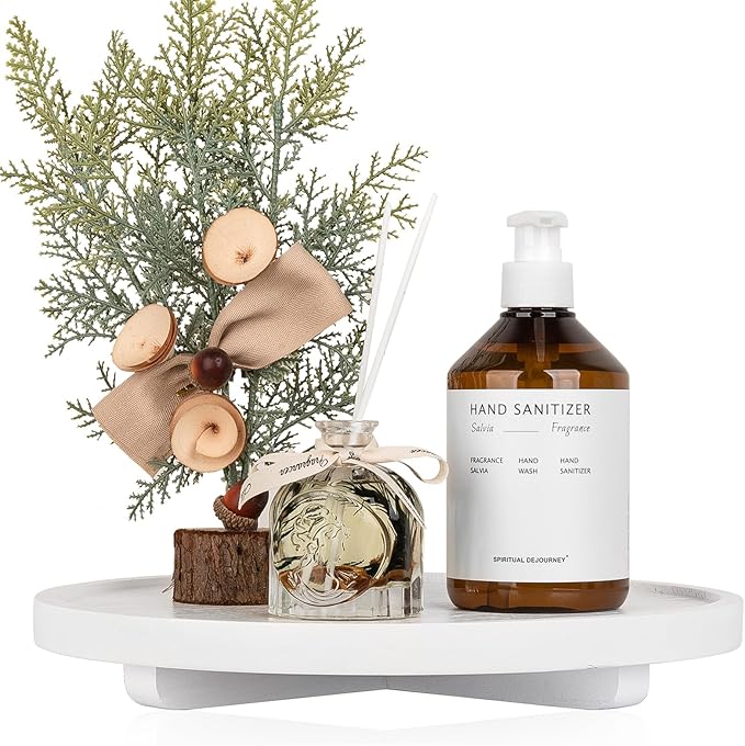 Round Decorative Tray Wood Bathroom Counter Organizer Farmhouse Kitchen Decor Wooden Riser for Soap Dish, Perfume, Candle, Sp