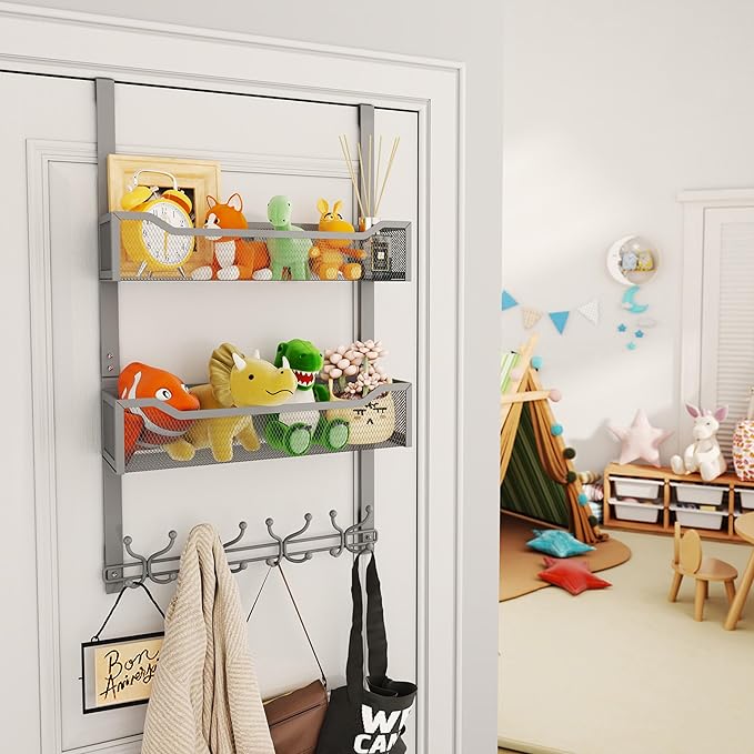 SWTYMIKI Over The Door Hooks Organizer - Multi-Functional Door Hanger with 16 Hooks & 2 Mesh Baskets, Long Coat Rack for Bath