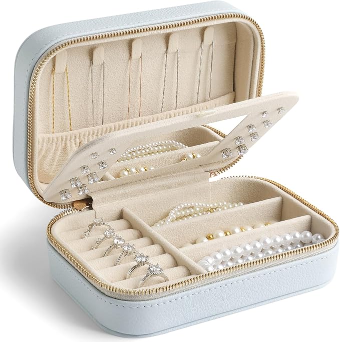 Genuine Leather Travel Jewelry Organizer Case with Mirror for Women, Small Mini Portable Jewelry Box for Ring Earrings Neckla